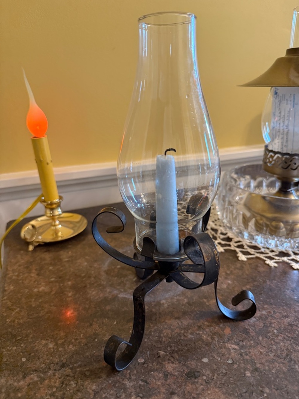 Vintage Black Wrought Iron Candle Holder w/ Glass Chimney Globe, Primitive